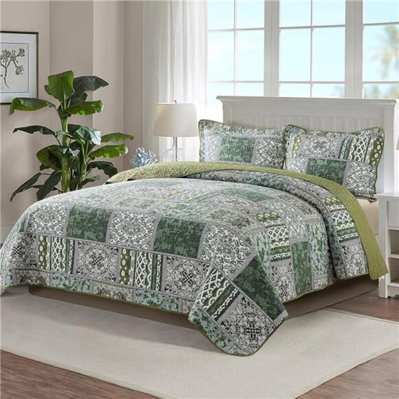 Cotton Bedspread Quilt Sets-Reversible Patchwork Coverlet Set, Classic Bohemian - Picture 6 of 7